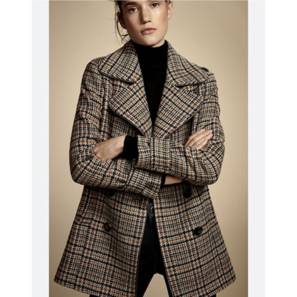 Massimo Dutti Double Breasted Plaid Wool Coat - Vintage Inspired